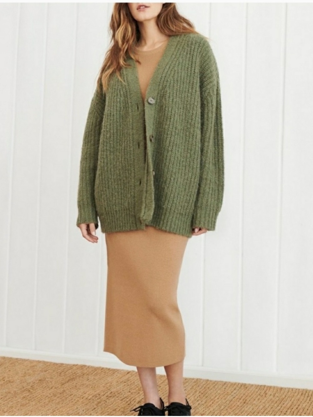 $345 JENNI KAYNE Olive Green Cocoon Alpaca Cardigan, Size SMALL